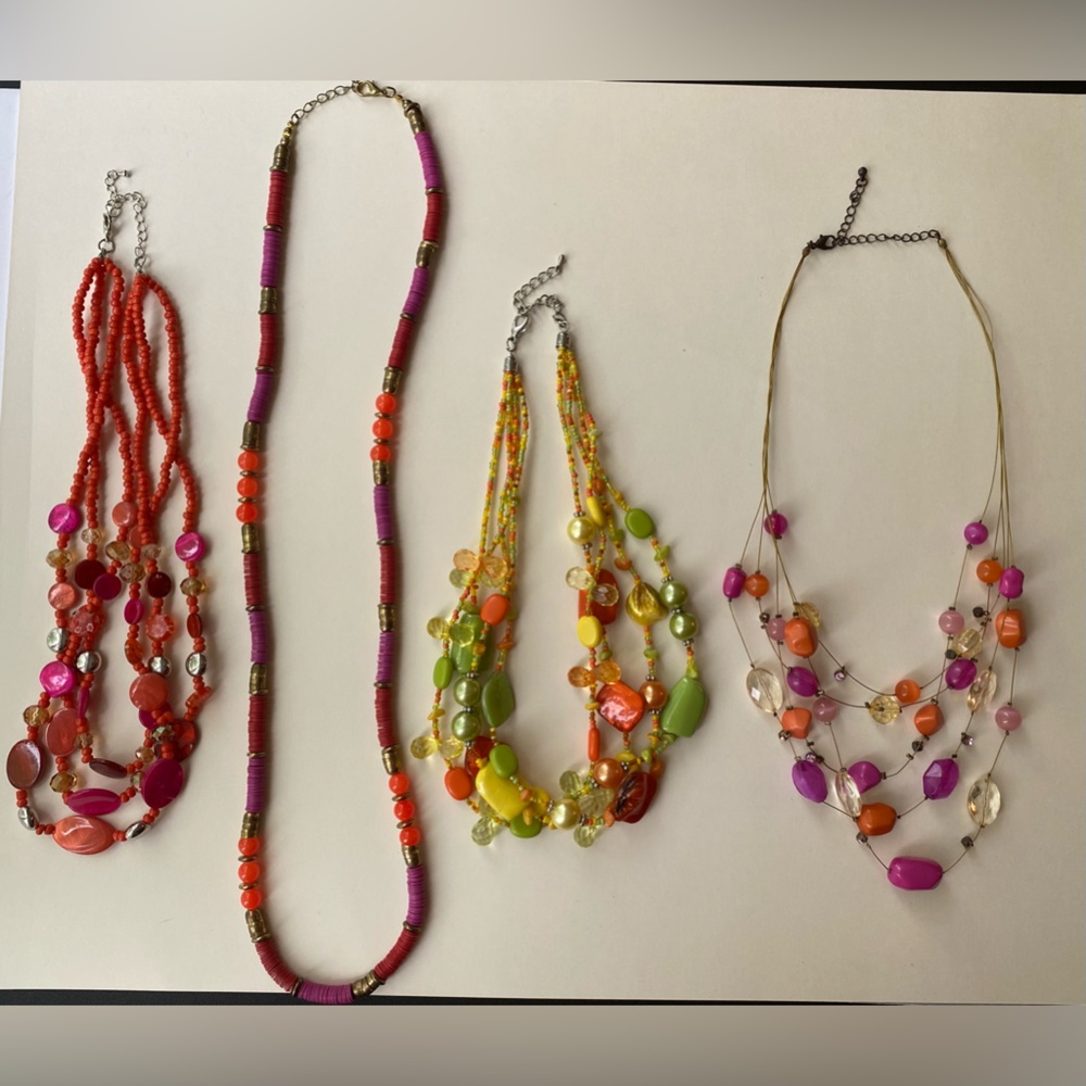 Set of 4 Costume Jewelry Colorful Beaded Necklaces - Orange/Pink/Purple